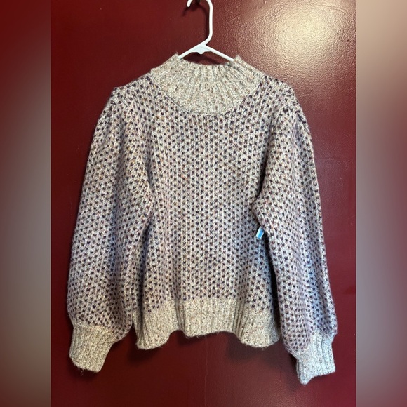 Cece Sweater Women Size XL Purple Cream Blouson Sleeve Jacquard Knit Mock Neck - Picture 1 of 9